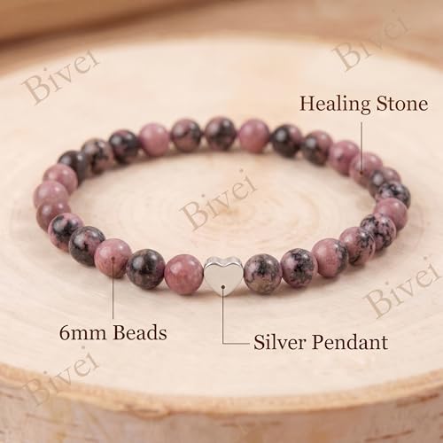 Bivei Crystal Stretch 6mm Bracelets for Women | Handmade Natural Stone Beaded Stretch Bracelet, Stainless Steel Heart Bead, Tranquility Yoga Gift Jewelry for Women - color: Rhodonite - Healing