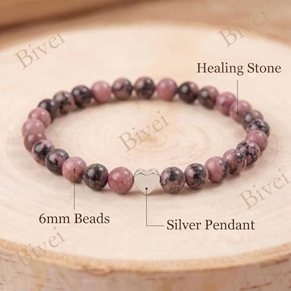 Bivei Crystal Stretch 6mm Bracelets for Women | Handmade Natural Stone Beaded Stretch Bracelet, Stainless Steel Heart Bead, Tranquility Yoga Gift Jewelry for Women - color: Rhodonite - Healing