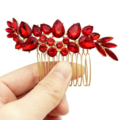 Bridal Crystal Hair Accessories Small Wedding Gold Hair Piece with Comb for Women Girls (Red) - color: Red