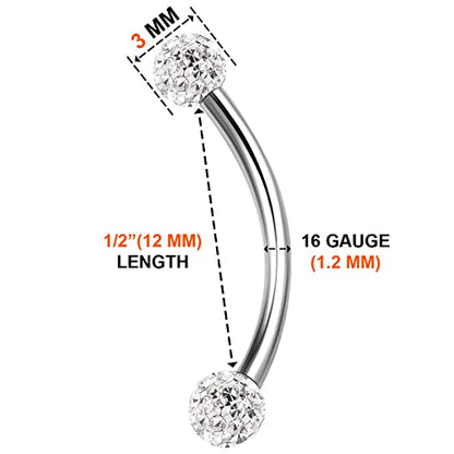 Surgical Steel Curved Barbell Ring 16g 5/16 8mm 3mm Ferido Ball Helix Earring Eyebrow Piercing Jewelry Choose Colors and Size - color: 2pcs 12mm Clear