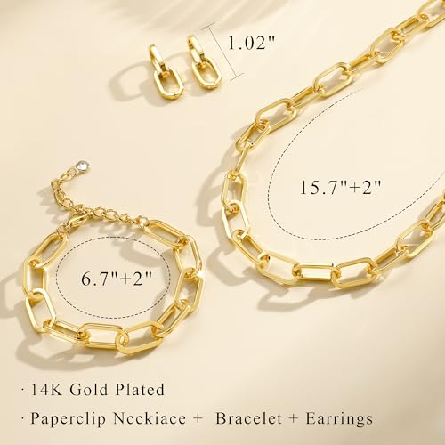 KesaPlan Gold Chain Necklace Bracelet and Earrings for Women Silver Chunky Jewelry Set, 14K Gold Plated Ladies Dainty and Chunky Chain Link Paperclip Jewelry Set for Women Gifts - style: Paperclip Set Gold 2
