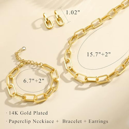 KesaPlan Gold Chain Necklace Bracelet and Earrings for Women Silver Chunky Jewelry Set, 14K Gold Plated Ladies Dainty and Chunky Chain Link Paperclip Jewelry Set for Women Gifts - style: Paperclip Set Gold 3