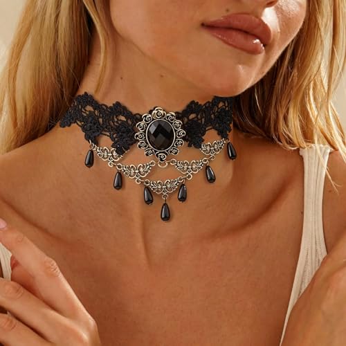 Black Necklaces for Women,Adjustable Layered Collar,Goth Jewelry - color: Gem