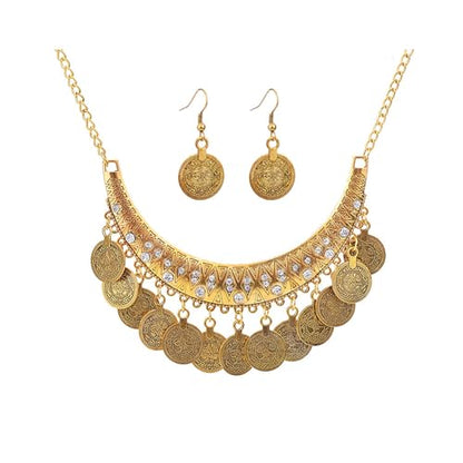 Chunky Coin Necklace Earrings Set,Bohemia Plated Gold Coin Tassel Personalized Choker Earrings,Ethnic Gypsy Statement Jewelry Set for Women - color: Gold