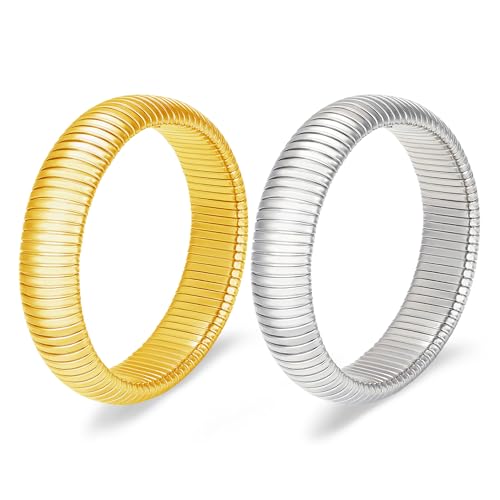 Gold Chunky Stretch Snake Chain Bangle Bracelets Stack for Women Trendy, 18K Gold Filled Stainless Steel Stretchy Womens Stackable Wristband Bangles Bracelet Set - style: GOLD&SILVER 16MM