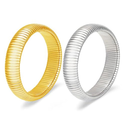 Gold Chunky Stretch Snake Chain Bangle Bracelets Stack for Women Trendy, 18K Gold Filled Stainless Steel Stretchy Womens Stackable Wristband Bangles Bracelet Set - style: GOLD&SILVER 16MM