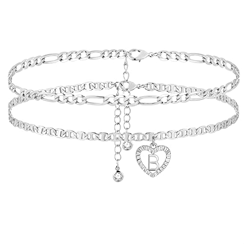 Initial Ankle Bracelets for Women 2pcs 18K Gold Plated Handmade Layered Letter Heart Figaro Chain Flat Mariner Anklets for Women Cute Summer Beach Foot Jewelry - style: Silver-B