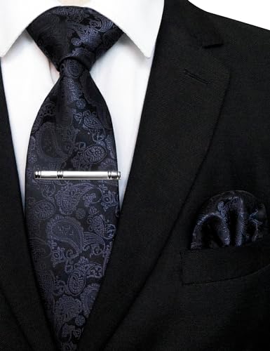 JEMYGINS Mens Solid Color Paisley Necktie and Pocket Square with Tie Clip Sets - color: Charcoal Grey