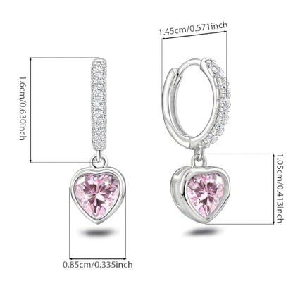 Heart Hoop Earrings with Dangle Sterling Silver Love Heart-Shaped Loop Earrings for Women Hypoallergenic Sparkle Birthstone Cubic Zirconia Hoop Earring with Dangling Charms Dainty Fashion Jewelry Gift - color: Pink