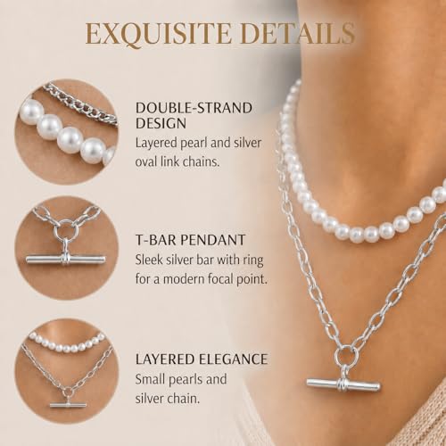 Layered Necklaces for Women Pearl Necklace Stack Gold T Bar Necklace Set Dainty Heart Pendant Jewelry Trendy 2026 Fashion Accessories Gifts - color: B1:2pcs-silver-6mm