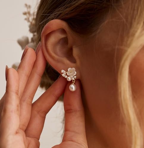 Pearl Earrings for Women Trendy, 14k Gold Plated Freshwater CZ Leaf Pearl Dangle Drop Gold Earrings Lightweight Hypoallergenic Stud Earring Bridesmaid Wedding Gold Jewelry for Women Gifts - style: small flower pearl earrings