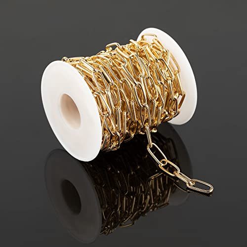 16.4 Feet Aluminum Oval Light Gold Chains for Jewelry Making Unwelded Textured Paperclip Link Cable Chain Roll Necklace Chains Bulk with Lobster Clasps and Jump Rings - color: 6.5×15.5mm-Gold