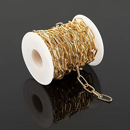 16.4 Feet Aluminum Oval Light Gold Chains for Jewelry Making Unwelded Textured Paperclip Link Cable Chain Roll Necklace Chains Bulk with Lobster Clasps and Jump Rings - color: 6.5×15.5mm-Gold