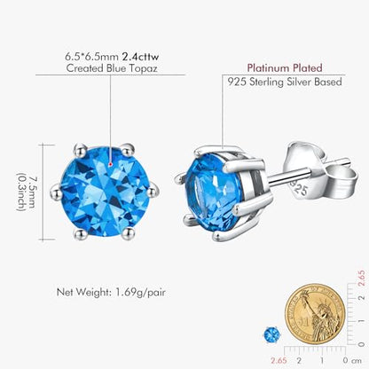 DAYBYDAY 925 Sterling Silver Birthstone Earrings for Women, Crystal Stud Earrings, 6.5mm Round Cut Solitaire Gemstone Earrings Birthday Jewelry - style: Round Cut-12. Dec/created blue topaz