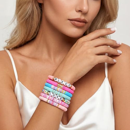 Summer Surfer Heishi Bracelet Set for Women Stackable Gold Plated Clay Ploymer Bead Stretch Pink Beach Layering Bracelets Jewelry - color: B-A4 love 7pcs
