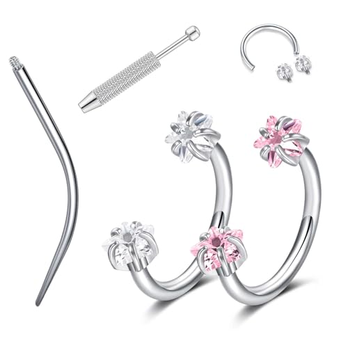 18G 20G Horseshoe Nose Rings Studs,Surgical Steel Nose Ring Pink Cubic Zirconia Nose Piercing,Internally Threaded Nose Rings For Women,Pink and Silver Zirconia - color: 18G-Silver-Star