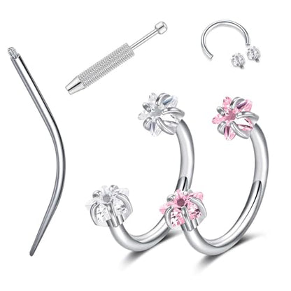 18G 20G Horseshoe Nose Rings Studs,Surgical Steel Nose Ring Pink Cubic Zirconia Nose Piercing,Internally Threaded Nose Rings For Women,Pink and Silver Zirconia - color: 18G-Silver-Star