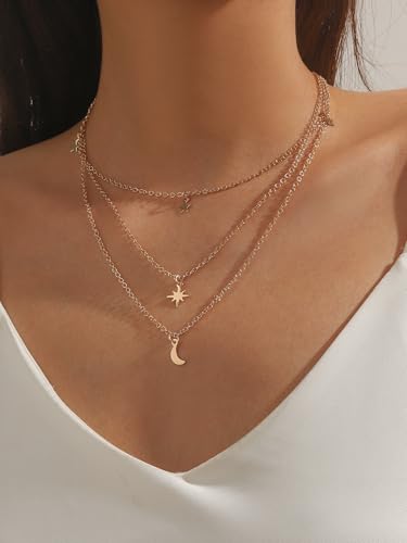 Layered Moon & Star Pendant Necklace, 3-Chain Gold Choker with Celestial Charms