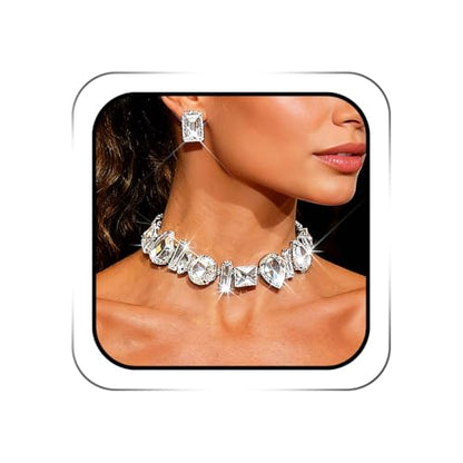 ACEDRE Rhinestone Necklace Earrings Set Silver Costume Jewelry for Women | Sparkly Large Diamond Choker Sets Prom Wedding Bridal Necklaces 2Pcs