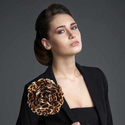 PLwelth Large Flower Brooch Pins Floral Hair Clips for Women Lapel Pins for Dress Clothes Suits Wedding Party Jewelry Gifts - color: Leopard