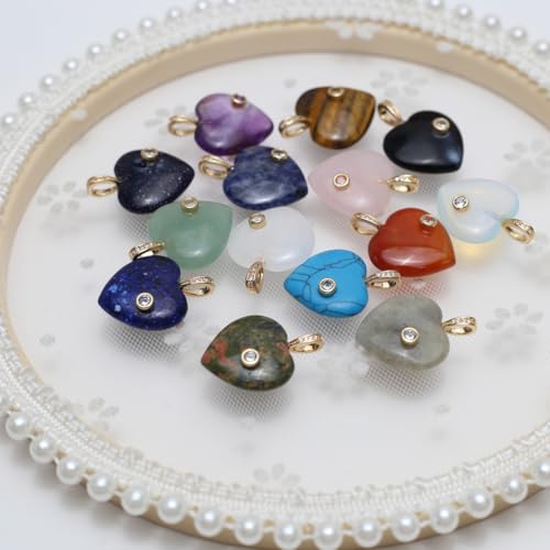 LE SKY Natural Stone Pendants Healing Crystal Gemstones with Rhinestone Charms for jewelry Making Necklace DIY Craft Gift - color: heart