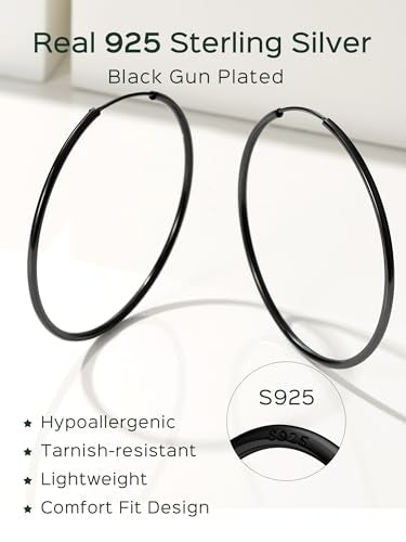 ChicSilver 925 Sterling Silver Hoop Earrings for Women Hypoallergenic, Lightweight Large Gold Plated Silver Hoop Earrings, Endless Hoops Earring 20/30/40/50/60/70MM - color: A. High Polished Black, size: 60mm