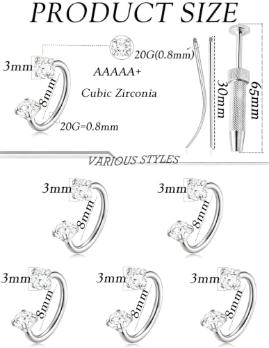 Akeoqi Horseshoe Nose Ring 20G 316L Surgical Steel Double CZ Internally Threaded Cartilage Helix Tragus Earrings for Women Men Septum Nostril Lip Eyebrow Piercing 8MM Gold Silver Plated - color: Silver-20G-8MM-White Clear CZ