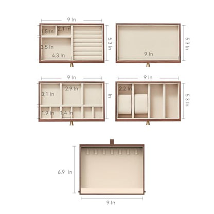 CHOSIN Walnut Jewelry Box Wood for Women with Vertical Neclace Hooks | Pull-out Necklace Storage Layer, 4 Drawers, No Mirror, Unlocking, Transparent Glass Lid, Velvet Interior, Gift for Her - style: 4 Layer B