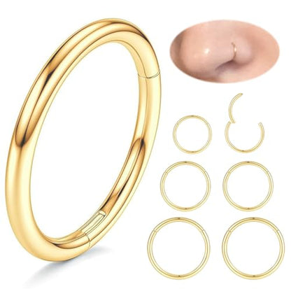 Nose Rings 20G 18G 16G 316L Surgical Steel Hinged Clicker Segment Nose Hoop Helix Cartilage Daith Tragus Sleeper Earrings Body Lip Piercing Jewelry for Women Men 6mm 7mm 8mm 10mm 12mm - style: 05:Gold-20G*6/8/10mm(6pcs)