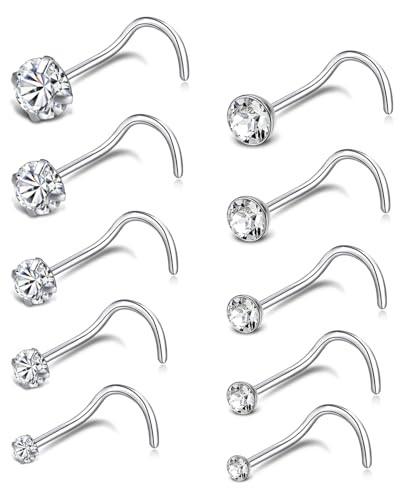 20G 10Pcs Stainless Steel L Screw Bone Shaped Nose Studs Rings Square Round CZ Nose Ring Labret Nose Piercing Jewelry for Men Women Silver Tone 1.5mm-2mm-2.5mm-3mm-3.5mm CZ - style: A2:10Pcs,S Shaped(G23 Titanium)