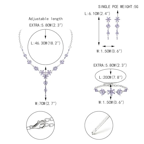 EVER FAITH Crystal Flower Wedding Prom Jewelry Set for Bride Bridesmaid | Rhinestone Costume Party Y-Shaped Necklace Dangle Earrings Bracelet, for Women - color: Light Purple Silver-Tone