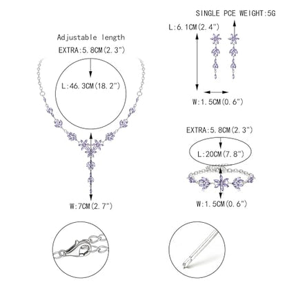 EVER FAITH Crystal Flower Wedding Prom Jewelry Set for Bride Bridesmaid | Rhinestone Costume Party Y-Shaped Necklace Dangle Earrings Bracelet, for Women - color: Light Purple Silver-Tone
