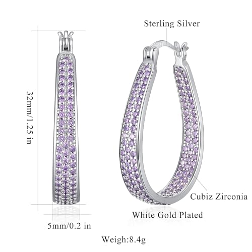925 Sterling Silver Post Hoop Earrings for Women Gilrs Multcolors Cubic Zircon Hoops 14K Gold Plated Oval Chunky Hoop Earrings Jewelry Gift for Mothers Day/July 4th/Wedding/Party/Christmas - color: Purple