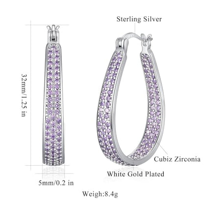 925 Sterling Silver Post Hoop Earrings for Women Gilrs Multcolors Cubic Zircon Hoops 14K Gold Plated Oval Chunky Hoop Earrings Jewelry Gift for Mothers Day/July 4th/Wedding/Party/Christmas - color: Purple