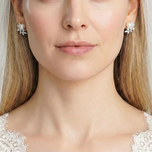 Mariell Pearl & Marquise CZ Crystal Wedding Earrings for Bride, Bridesmaids & Mother of the Bride - color: Silver