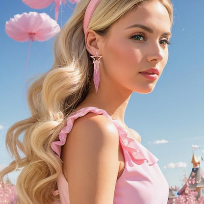 EVER FAITH Crystal Long Waterfall Star Tassel Clip-on Earrings for Women | Rhinestone Beaded Fringe Chandelier Dangle Statement Earring, Wedding Party Jewelry - color: Hot Pink Pink-Tone
