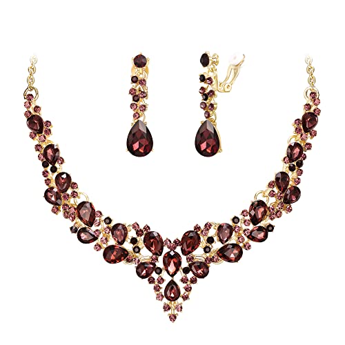 Wedding Statement Necklace Clip-on Earrings Jewelry Set | Sparkling Austrian Crystal Teardrop Cluster for Party Prom Accessories - color: 10-Deep Amethyst Color Gold-Tone