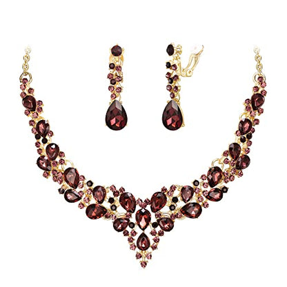 Wedding Statement Necklace Clip-on Earrings Jewelry Set | Sparkling Austrian Crystal Teardrop Cluster for Party Prom Accessories - color: 10-Deep Amethyst Color Gold-Tone
