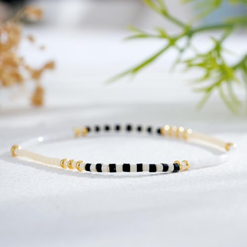 Colorful Stackable Rice Small Mini Seed Beaded Bracelets Set For Women, Handmade Dainty Boho Gold Glass Stretch Accessories Jewelry,Summer Beach Party Daily Friendship Gift - color: Black White