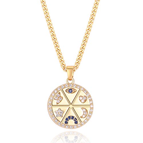 Aobei Pearl 18K Gold Plated Moon Star Lion Evil Eye Love Heart Cross Pendant Necklace Medallion Paperclip Chian Choker Layering Jewery for Women - color: Colorful Lucky Symbol