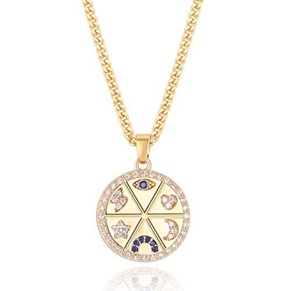 Aobei Pearl 18K Gold Plated Moon Star Lion Evil Eye Love Heart Cross Pendant Necklace Medallion Paperclip Chian Choker Layering Jewery for Women - color: Colorful Lucky Symbol