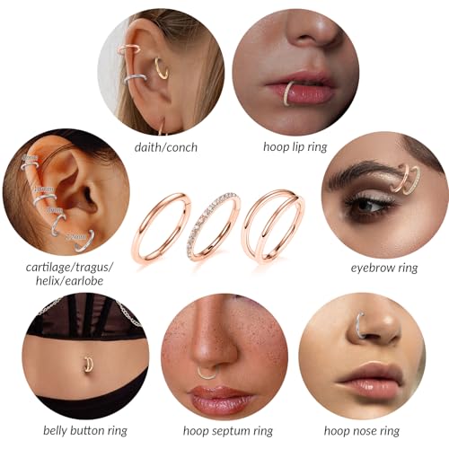 FUNLMO 3Pcs Nose Rings Double Hoop Nose Ring Conch Daith Tragus Helix Rook Piercing Jewelry Surgical Steel Cartilage Earring Conch Hoop Earring Septum Jewelry Lip Ring - color: Style 1: Rose gold