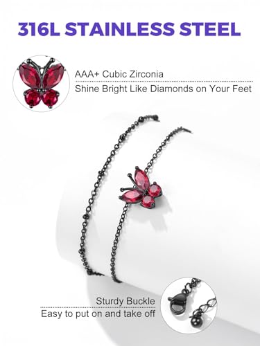 Richsteel Double Layer Heart/Butterfly Birthstone Anklet for Women | Non Tarnish Waterproof, Silver/Gold/Black Stainless Steel 8.5-10.5 Inch Adjustable Chain Anklets Summer Beach Foot Jewelry - color: Black Butterfly-07 Jul.(Ruby)