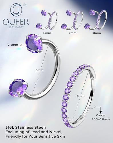 OUFER 2PCS Nose Rings Hoops, 20g Double Gem Horseshoe Threadless Nose Rings for Women, Septum Clicker Daith Tragus Helix Rook Eyebrow Lip Piercing Jewelry - color: Silver Purple CZ