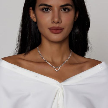 Airmb Heart Necklace for Women Gold/Silver Plated Trendy Heart Choker Lover Pendant Hypoallergenic Fashion Gold/Silver Necklace for Women Love Jewelry Gift for Women Girlfriend - color: Paperclip Open Heart-Silver