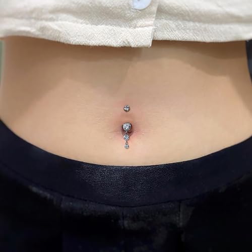 FINE4U Dangle Belly Button Rings 14G 10mm 12mm - ASTM F136 Implant Grade Real Titanium Belly Ring, Internally Threaded Hypoallergenic Navel Piercing Jewelry for Gift idea (Clear) - color: Bezel Set - Gold, size: 10mm - Gold