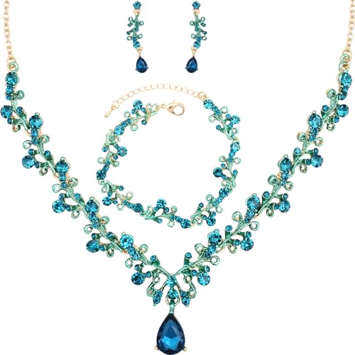 3Pcs Austrian Crystal Jewelry Set for Women, Necklace Dangle Earrings Link Bracelet Jewelry Set with Gold/Platinum/Gun Plated, Wedding Party Jewelry for Bridal Bridesmaid - color: Blue-Gold Plated