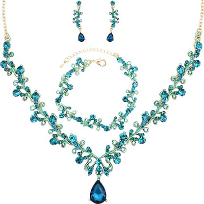 3Pcs Austrian Crystal Jewelry Set for Women, Necklace Dangle Earrings Link Bracelet Jewelry Set with Gold/Platinum/Gun Plated, Wedding Party Jewelry for Bridal Bridesmaid - color: Blue-Gold Plated