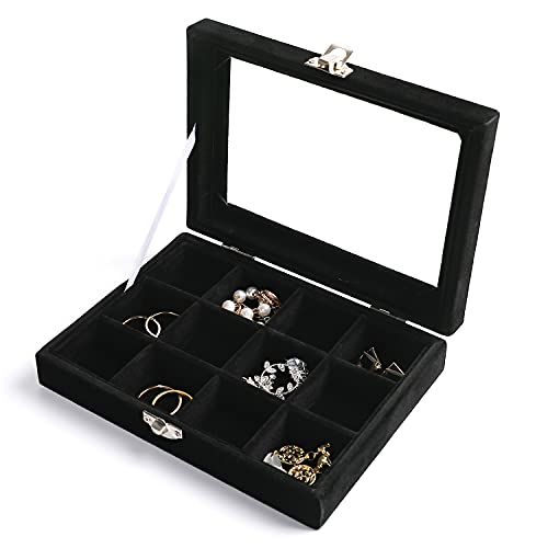 Tiny 12 Grid Earring Organizer Tray, Velvet Jewelry Box with Lid | Jewelry Tray With Lid,Adjuatable Dividers,Velvet Lining,Earring Organizer Box, Display Case,Drawer Insert,Gift For Women - color: Black, size: 12 Grid