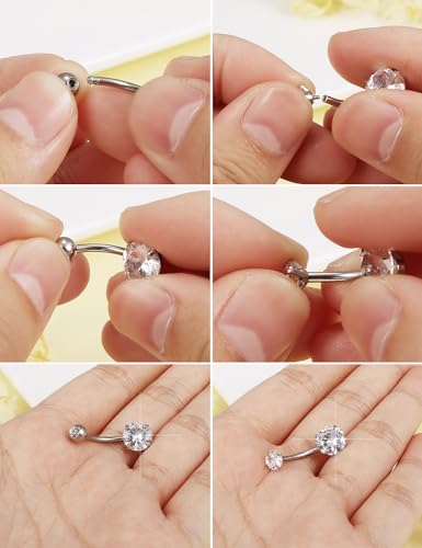 Long Belly Button Ring 6mm 8mm 10mm 12mm 14mm Surgical Stainless Steel Round Cubic Zirconia Navel Barbell Long Bar Belly Button Piercing Jewelry Silver, black, rose gold belly ring - color: 2pcs-12mm-White Belly ring Zircon+Diamond